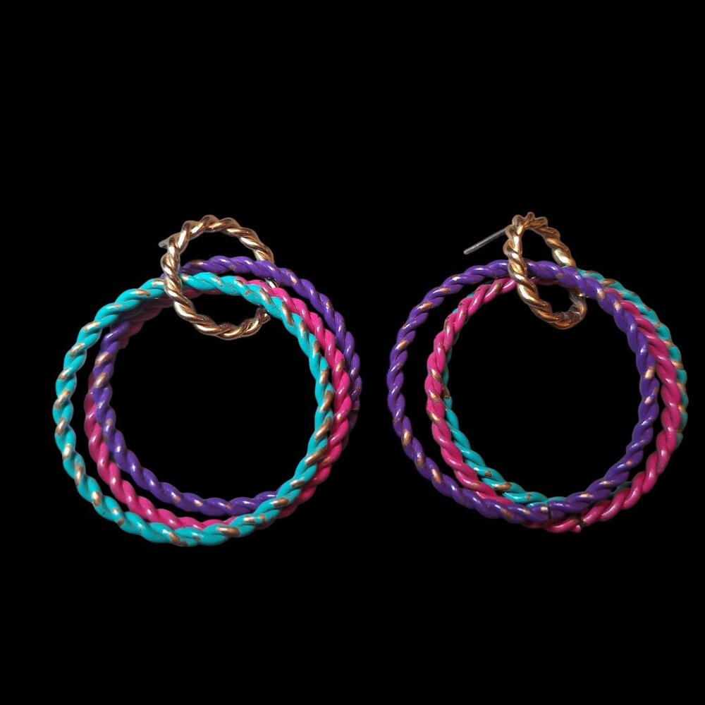 Vintage Multicolor Twisted Hoop Earrings With Gold‎ Accents